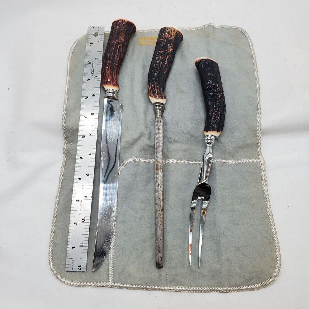 Vintage Sheffield Everbrite Faux Antler 3pc Cutlery Carving Set Made in England - Picture 9 of 9